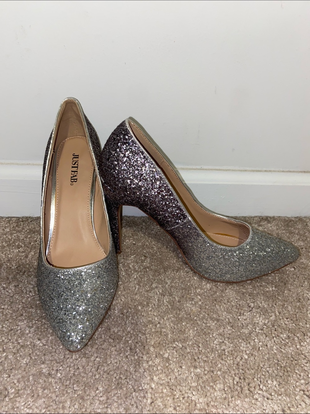 JustFab Silver Glitter Pointed Toe Pumps